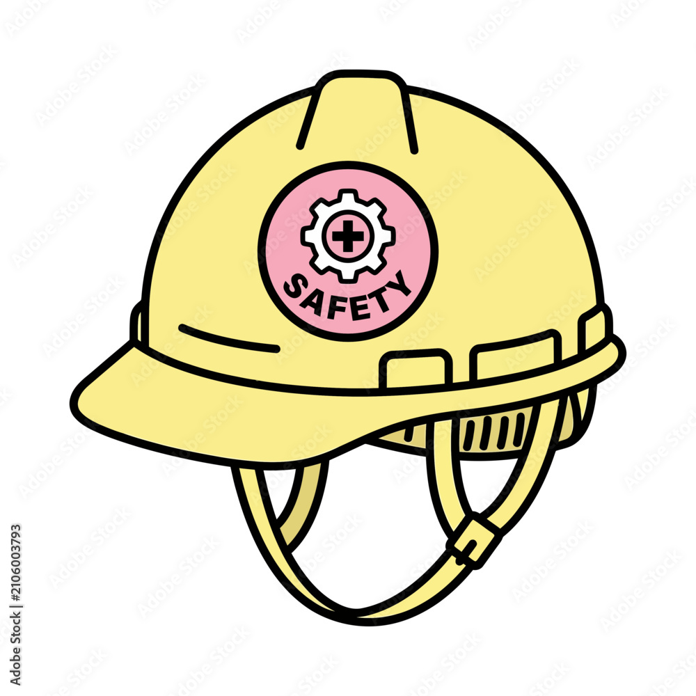 Fototapeta premium Isolated cartoon safety hard hat with gear emblem symbolizing workplace protection and focus