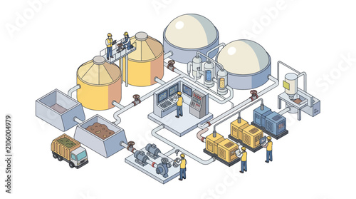 Foto Biogas production plant with storage tanks and machinery isometric illustration