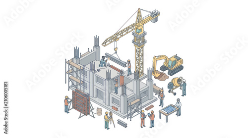 Construction site with crane and excavator isometric view.