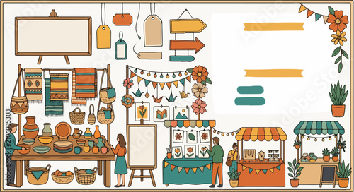 Vintage Market Stalls with Handmade Crafts and Autumn Decor in Outdoor Festival Illustration, Front View, Cozy Cultural Event Concept