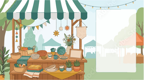 Outdoor Market Stall Displaying Handmade Crafts and Pottery Under Striped Canopy in Bright Daylight with Cozy Ambiance