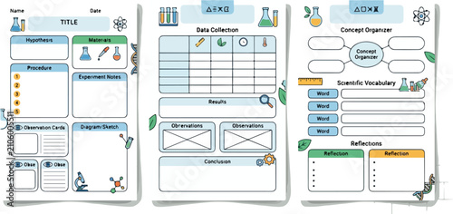Scientific Research Planning and Data Collection Workflow with Action, Reflection, and Organizer Templates on White Background