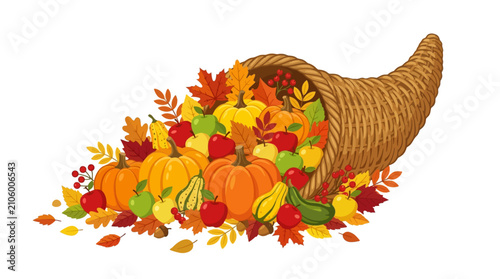 Autumn harvest cornucopia overflowing with pumpkins and fruits. Fall bounty horn of plenty filled with seasonal produce and gourds for Thanksgiving.
