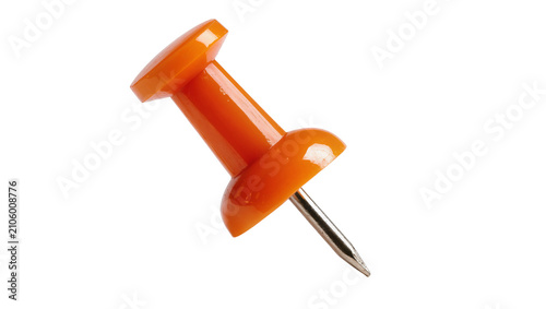 Isolated bright orange plastic pushpin with metal needle, essential office stationery item.