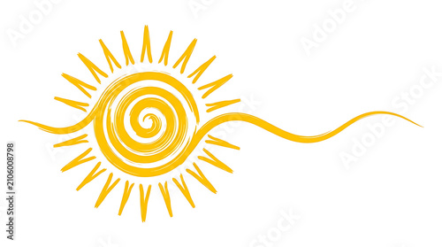 Hand drawn yellow sun icon. Artistic summer weather symbol with a spiral design.