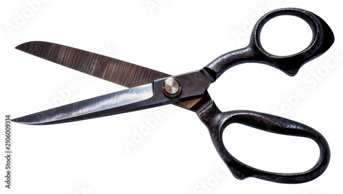 фотографія Isolated metal tailoring scissors with dark handles, blades slightly open, profe