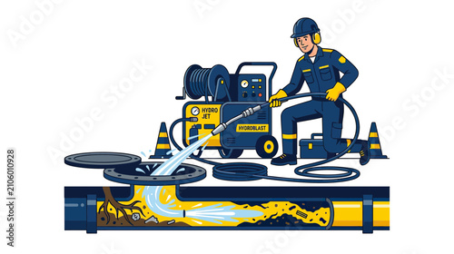 Plumber Cleans Clogged Sewer Pipe with High-Pressure Jetter