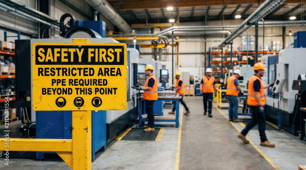 Fototapeta premium Safety Signage in Manufacturing Facility with Workers Wearing Safety Gear in Active Production Environment