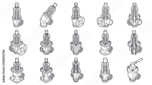Foto Detailed technical drawings of various industrial valves and fittings