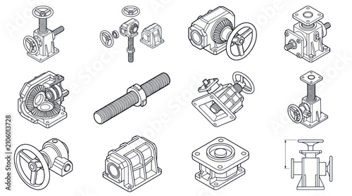 Foto Detailed technical drawings of various industrial valve components and gearboxes