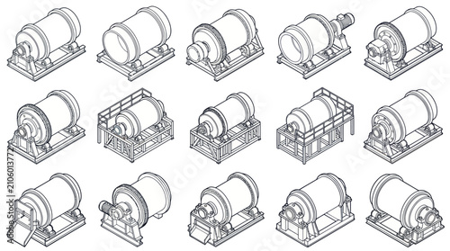 Fotografija Detailed technical drawings of various industrial winches and capstans