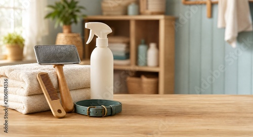 Pet Grooming Brushes and Collar on a Wooden Table