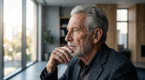 Pensive senior man with a beard looking out a window in a modern home or office