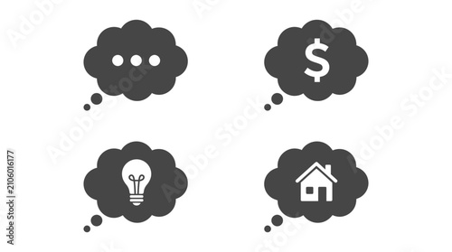 Minimalist vector illustration featuring four distinct grey thought bubble icons with simple white interior symbols