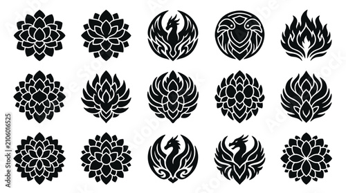 Cuadro en lienzo Collection of Black Stylized Phoenix and Lotus Flower Icons.