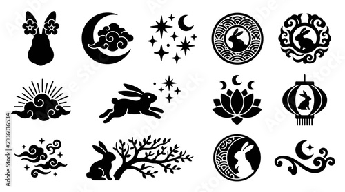 Collection of black silhouette rabbit and moon icons for Mid-Autumn Festival.