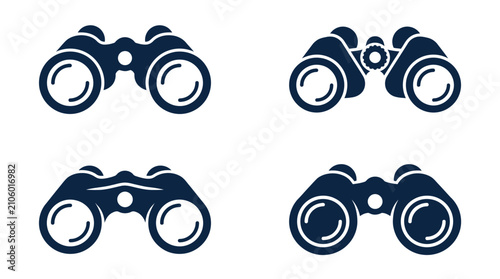 Minimalist vector illustration set featuring dark blue binoculars for professional exploration and strategic business vision concepts