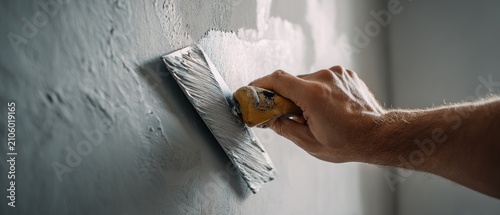 Applying putty on wall with a spatula close up