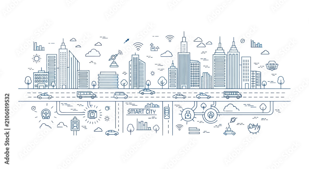 Fototapeta premium Modern Cityscape with Transportation and Technology Elements.