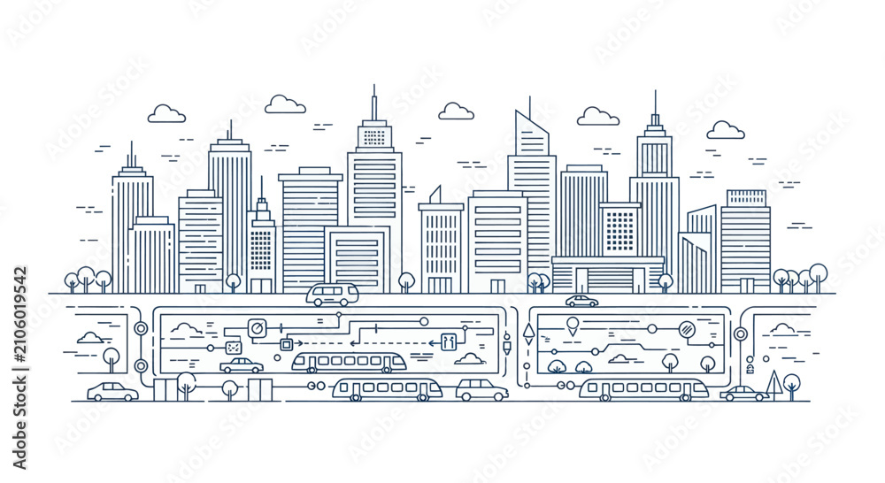 Obraz premium Modern Cityscape with Underground Infrastructure and Transportation Systems.