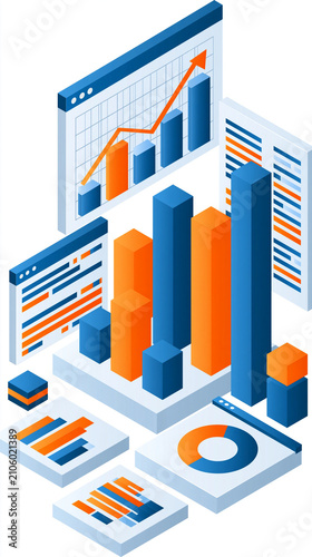 Colorful data visualization with bar graphs and charts representing growth and analytics