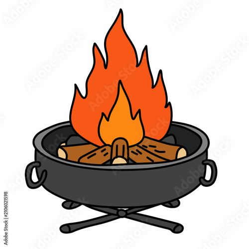 Hand drawn cute portable fire pit bowl bonfire wood flame icon doodle vector outdoor camping bbq heater colored graphic