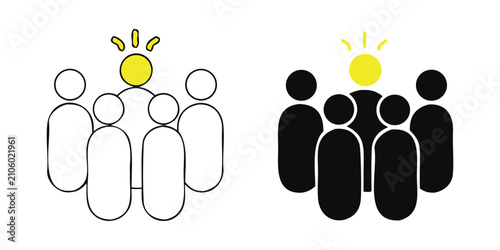 Foto Business leadership and unique idea concept icon set with standing crowd and a glowing leader in outline and flat vector illustration styles