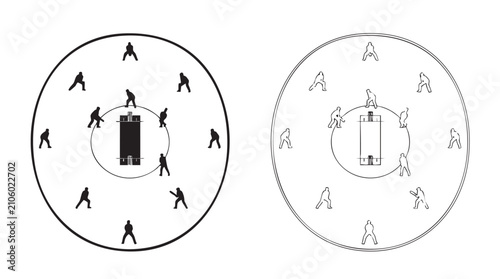 Fotografie cricket pitch vector silhouette with line art pair icon, boundary court design