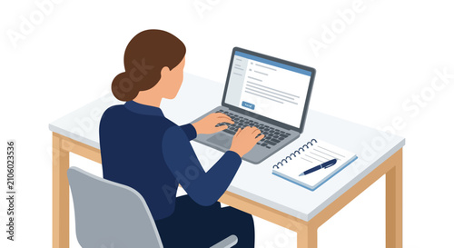 An isometric vector illustration of a professional woman sitting at a desk, typing on her laptop with a spiral notebook and pen placed nearby.