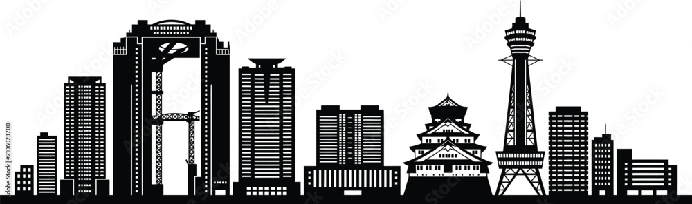 Obraz premium Osaka city skyline silhouette outline with silhouette architecture building