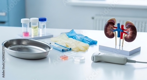 Kidney model with medical supplies on table.