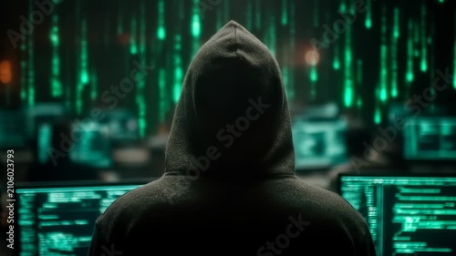 Anonymous Hacker in a Hoodie Coding in a Dark Room with Green Digital Rain.