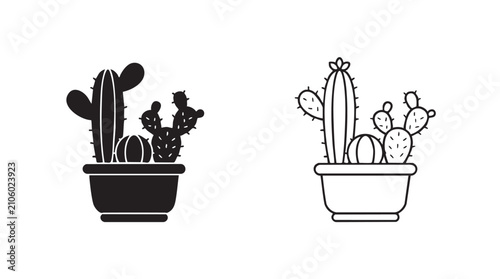 Canvastavla cacti trio vector silhouette with line art pair icon featuring plant, pot, succu