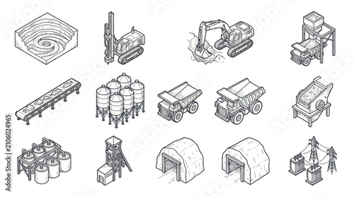 Fotografía Collection of Isometric Mining Industry Equipment and Structures.