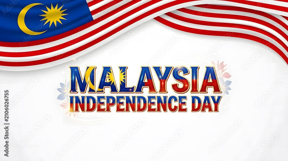 Obraz premium Vibrant horizontal header design for 31 August Malaysia Independence Day with a large wavy flag draped across the top border and centered holiday title text.