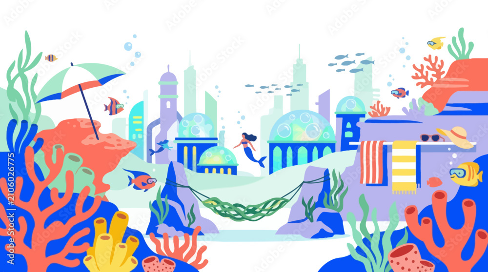 Fototapeta premium Whimsical Underwater City Illustration Featuring Mermaid and Vibrant Coral Reef. EPS Editable