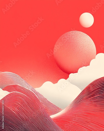 Abstract minimalist landscape with stylized red mountains and spheres under a red sky