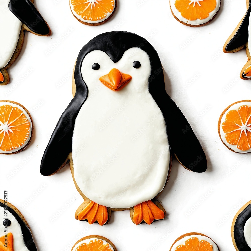 Obraz premium Cute frosted penguin holiday cookie surrounded by scattered orange slices pattern 