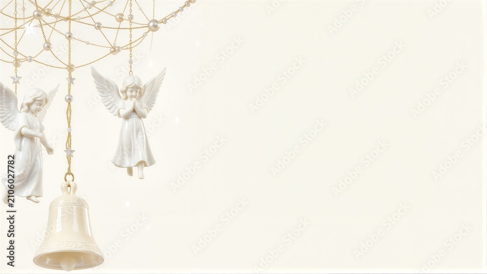 Fototapeta premium White angel figurines and bell hang gracefully against a soft, starry background.