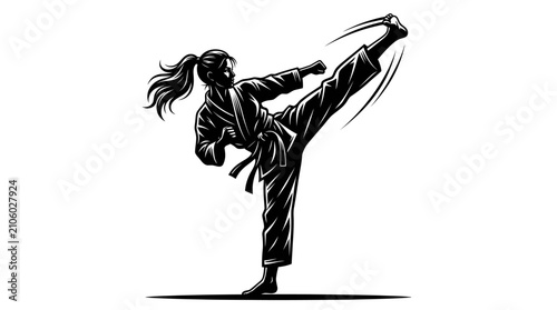 Female martial artist executing high kick in black uniform