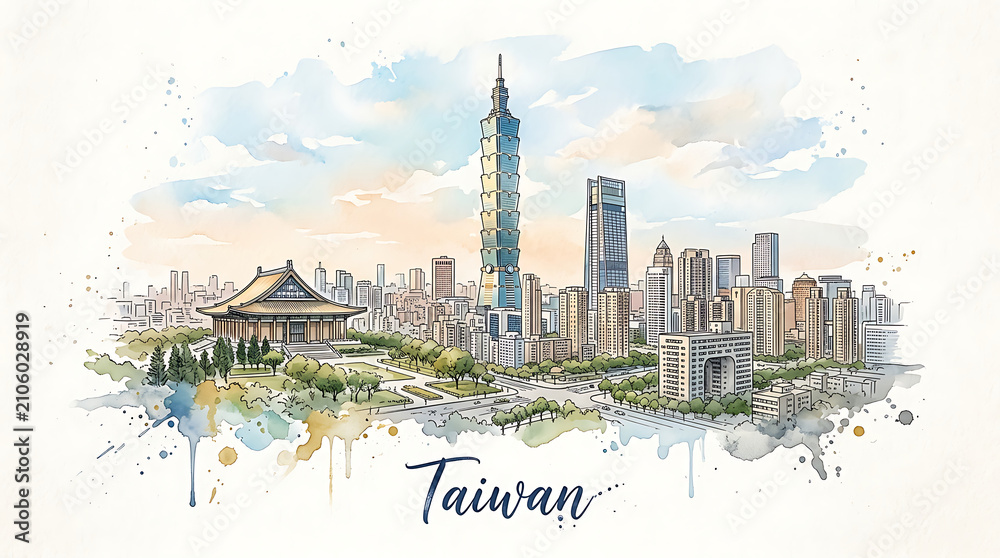 Fototapeta premium Stylized watercolor depiction of Taiwan's urban skyline featuring Taipei 101 and traditional temples overlooking nature and