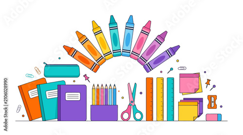 Colorful School Supplies Collection with Crayons Notebooks and Stationery Items. EPS Editable. Vector Illustrations.