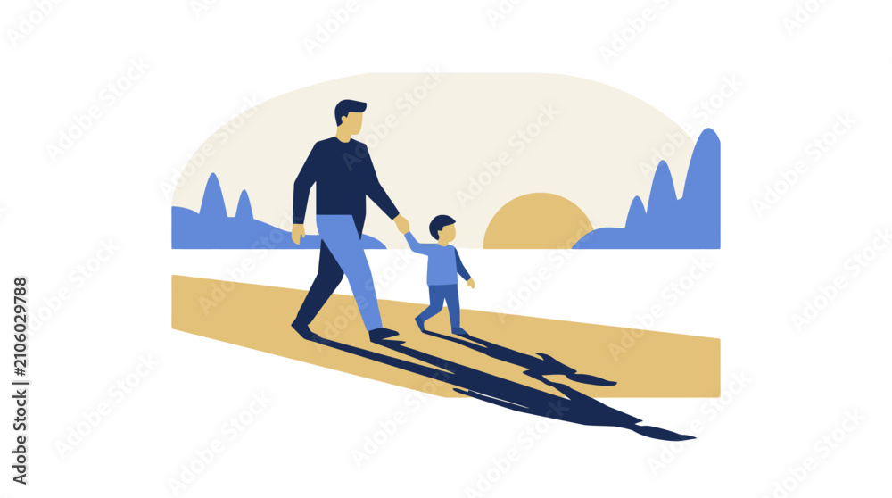 Fototapeta premium Father and son walking together holding hands during a beautiful sunset. EPS Editable. Vector Illustrations.