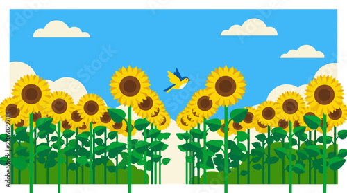 Flat illustration of sunflower field with bird flying in blue sky. EPS Editable. Vector Illustrations.