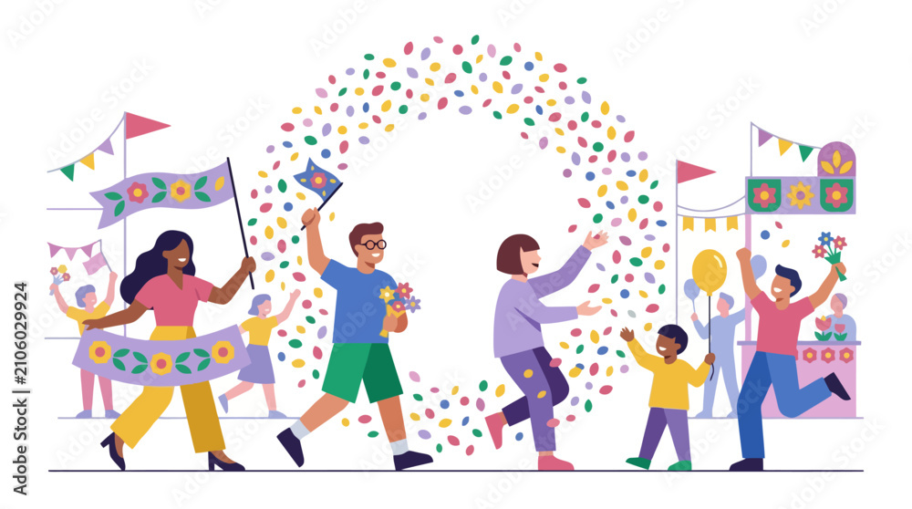 Naklejka premium Happy diverse people celebrating festival with colorful confetti and flags. EPS Editable. Vector Illustrations.