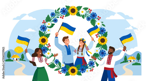 Happy Ukrainian people celebrating with national flags and floral wreath. EPS Editable. Vector Illustrations.