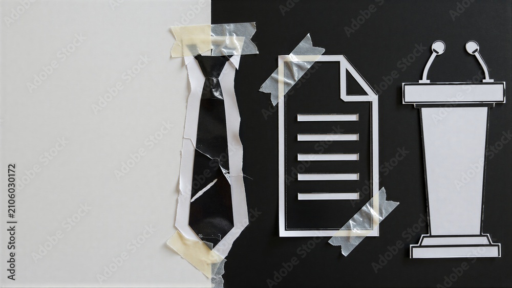 Obraz premium Tie, document, and podium cutouts taped to split black-white background.
