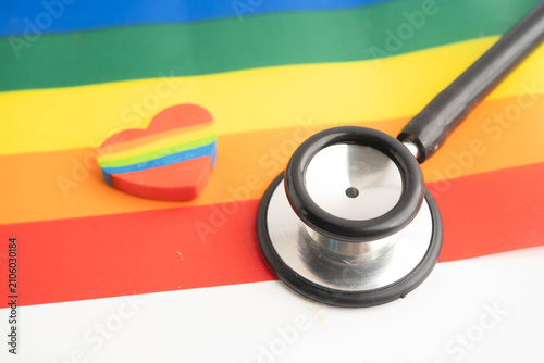 Konstfotografi Stethoscope on LGBT rainbow flag, rights and gender equality.