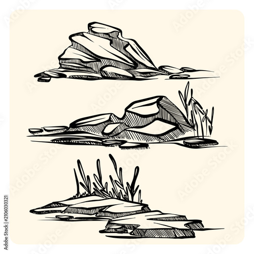 Hand Drawn Landscape Rock Elements Line Art Doodle Set