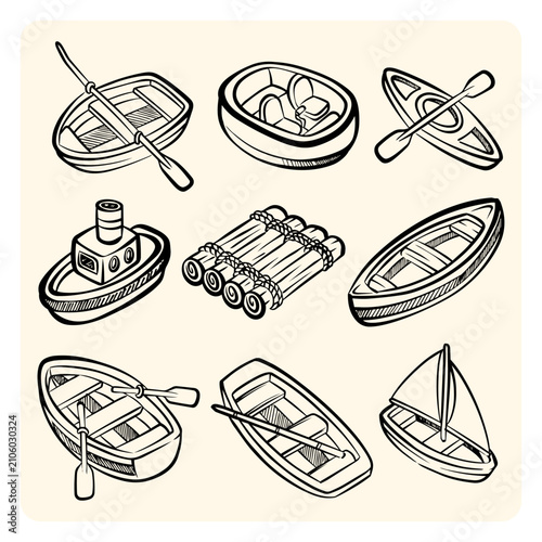 Hand Drawn Marine Boat Collection Line Art Set